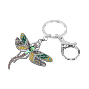 Vue de côté Porte-clés Libéllule Florale en émail et strass - 4cm x 4.4cm  couleur Vert