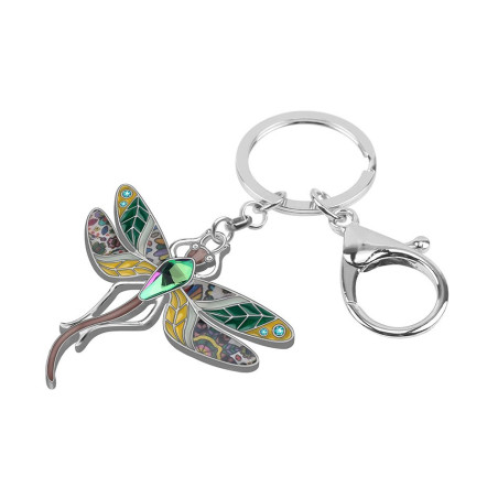Vue de côté Porte-clés Libéllule Florale en émail et strass - 4cm x 4.4cm  couleur Vert
