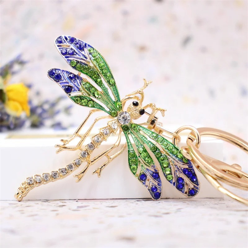 Porte-clés Libéllule en cristal et strass couleur Bleu