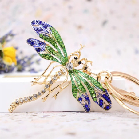 Porte-clés Libéllule en cristal et strass couleur Bleu