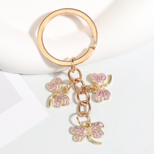 Porte-clés trois Libéllules en émail Coloré  couleur Rose