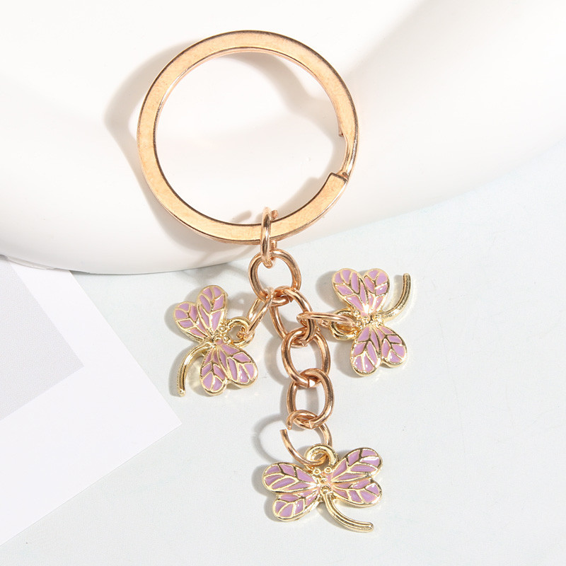 Porte-clés trois Libéllules en émail Coloré  couleur Rose