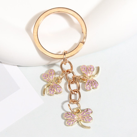 Porte-clés trois Libéllules en émail Coloré  couleur Rose
