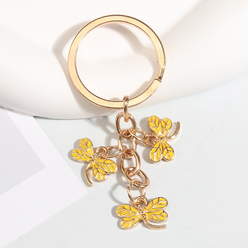 Porte-clés trois Libéllules en émail Coloré  couleur jaune