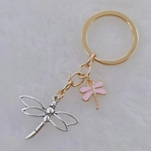Porte-clés Libéllule à deux chaînes en émail - 4 couleurs au choix // Porte-clés Libéllule à deux chaînes en émail couleur rose