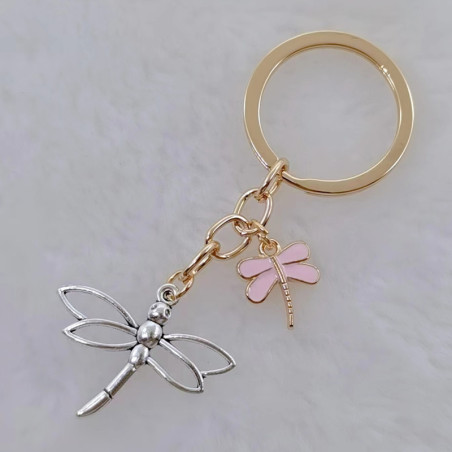 Porte-clés Libéllule à deux chaînes en émail - 4 couleurs au choix // Porte-clés Libéllule à deux chaînes en émail couleur rose