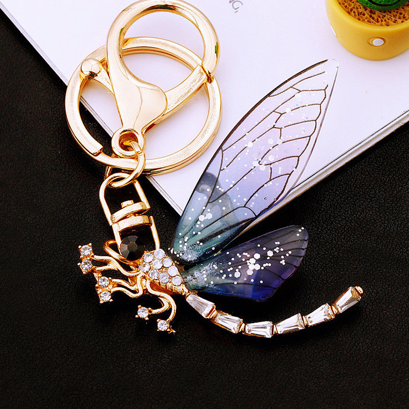 Porte-clés Libéllule avec Ailes de Cristal couleur bleu