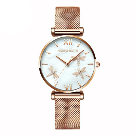 Montre Libéllule et Strass avec bracelet en Cuir pour femme Couleur Bronze