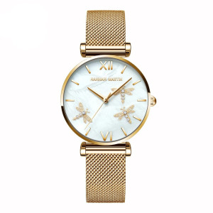Montre Libéllule et Strass avec bracelet en Cuir pour femme Couleur Or