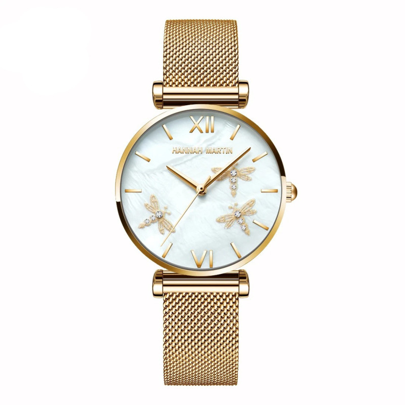 Montre Libéllule et Strass avec bracelet en Cuir pour femme Couleur Or