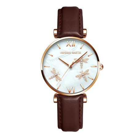 Montre Libéllule avec Strass avec bracelet en Cuir pour femme Couleur Marron