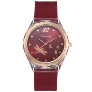 Montre Libéllule avec bracelet en Silicone couleur Rouge