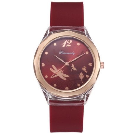 Montre Libéllule avec bracelet en Silicone couleur Rouge