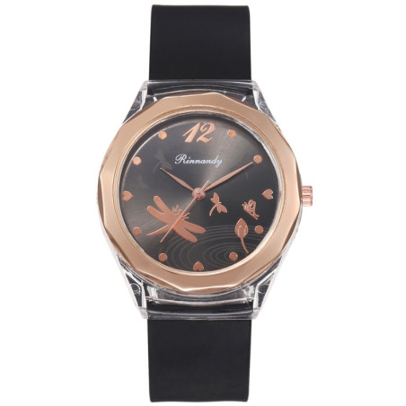 Montre Libéllule avec bracelet en Silicone couleur Noir