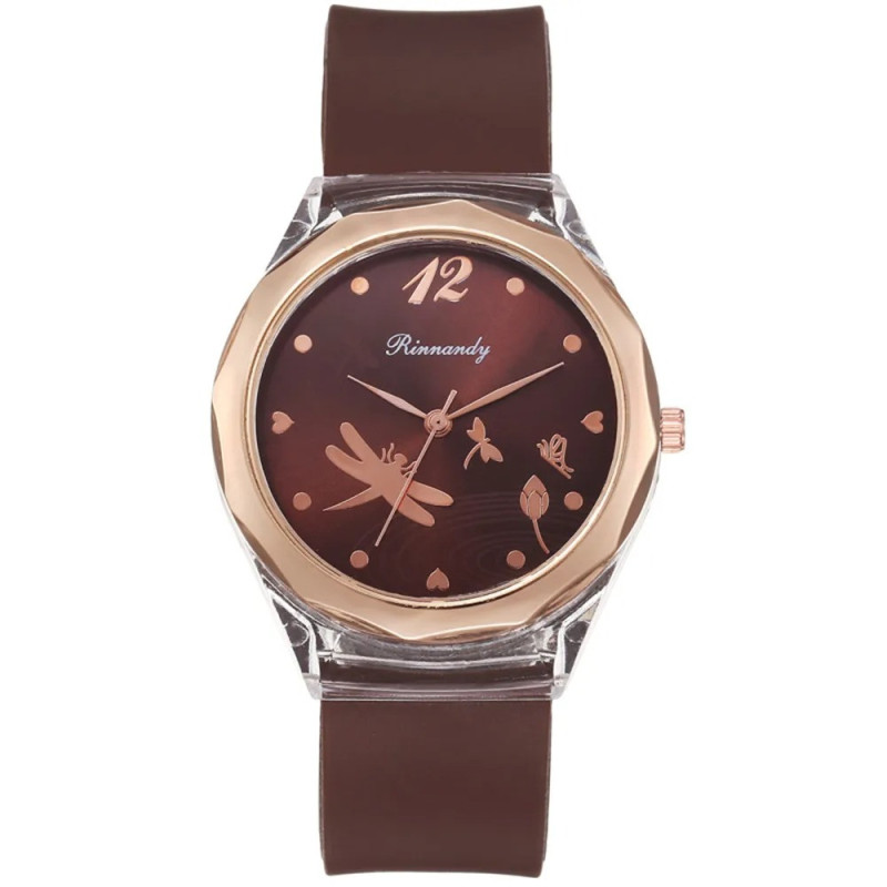 Montre Libéllule avec bracelet en Silicone couleur Marron