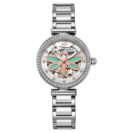Montre Libéllule Verte Montre-bracelet mécanique étanche Strass pour Femme Couleur Argent