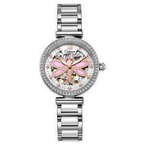 Montre Libéllule Rose Montre-bracelet mécanique étanche Strass pour Femme Couleur Argent