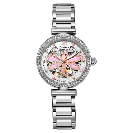 Montre Libéllule Rose Montre-bracelet mécanique étanche Strass pour Femme Couleur Argent