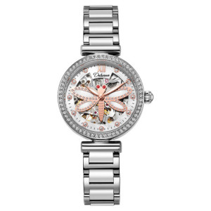 Montre Libéllule Blanche Montre-bracelet mécanique étanche Strass pour Femme Couleur Argent