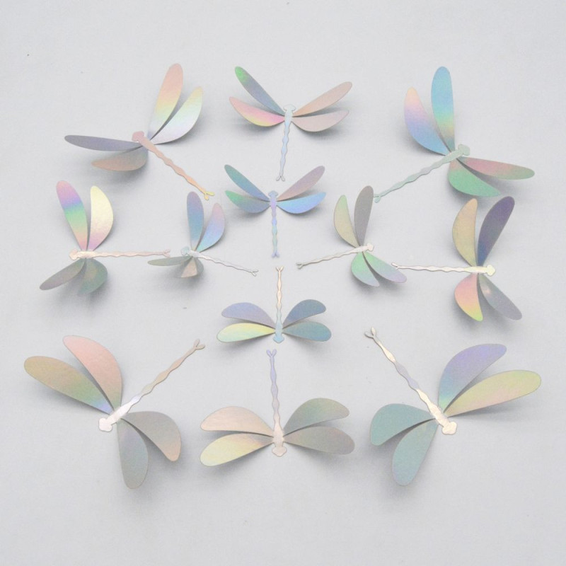 Vue générale Autocollant Mural PVC Libellule Brillante effet Strass en 3D - Lot de 12 pièces Couleur Argent