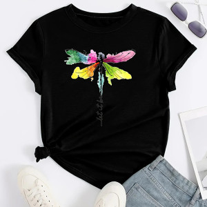 T-shirt libéllule col rond imprimé libellule "Let it Be" couleur Noir