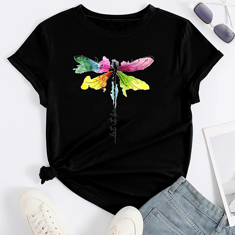 T-shirt libéllule col rond imprimé libellule "Let it Be" couleur Noir