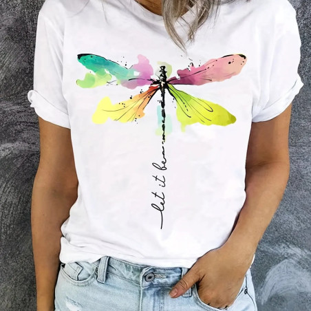 Vue Portée T-shirt libéllule col rond imprimé libellule "Let it Be" couleur Blanc