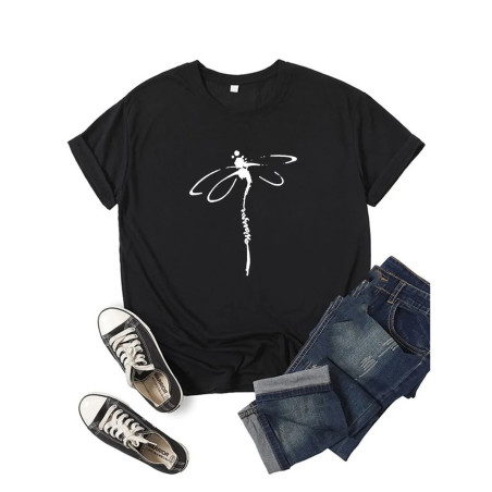 T-shirt libéllule col rond à manches courtes pour femmes imprimé libellule couleur Noir