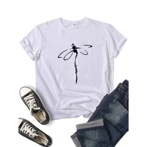 T-shirt libéllule col rond à manches courtes pour femmes imprimé libellule couleur Blanc