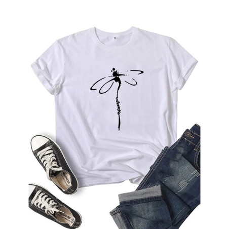 T-shirt libéllule col rond à manches courtes pour femmes imprimé libellule couleur Blanc