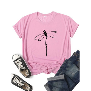 T-shirt libéllule col rond à manches courtes pour femmes imprimé libellule couleur Rose