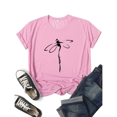 T-shirt libéllule col rond à manches courtes pour femmes imprimé libellule couleur Rose