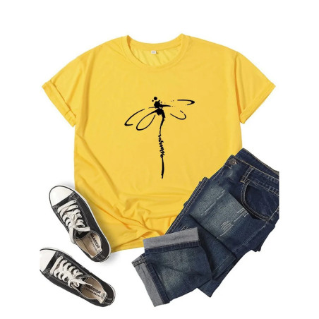 T-shirt libéllule col rond à manches courtes pour femmes imprimé libellule couleur Jaune