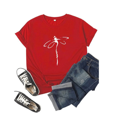 T-shirt libéllule col rond à manches courtes pour femmes imprimé libellule couleur Rouge