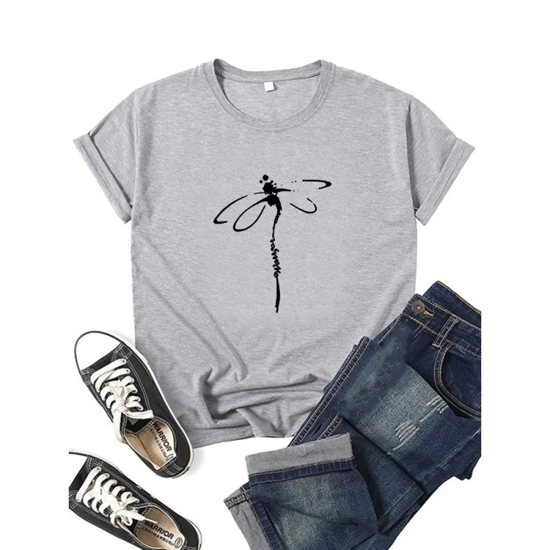 T-shirt libéllule col rond à manches courtes pour femmes imprimé libellule couleur Gris