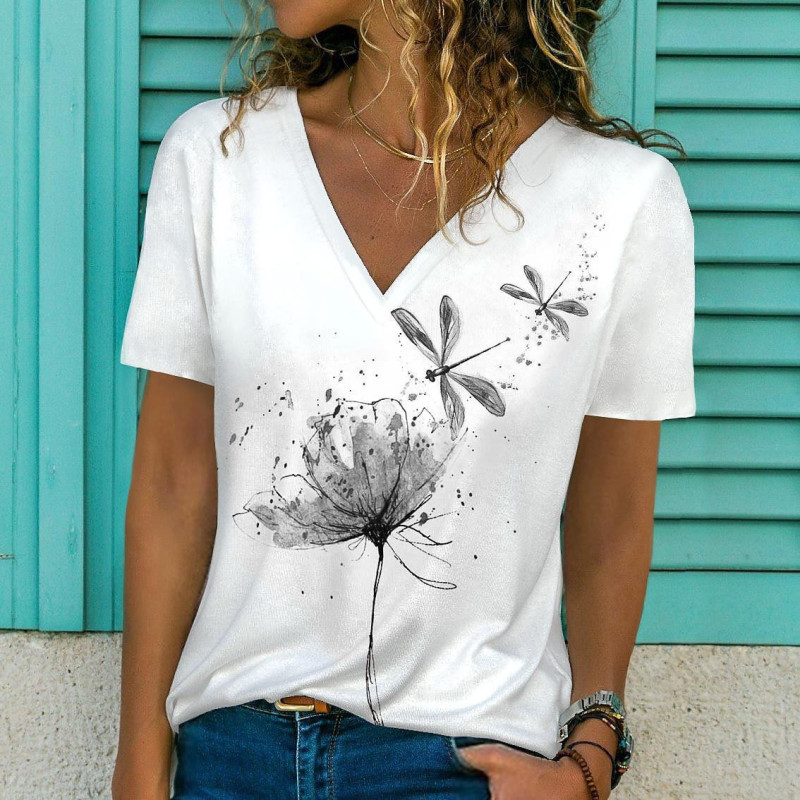 T-shirt libéllule à col V pour femmes avec imprimé fleurs 3D et libellule couleur Noir