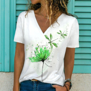 T-shirt libéllule à col V pour femmes avec imprimé fleurs 3D et libellule couleur vert
