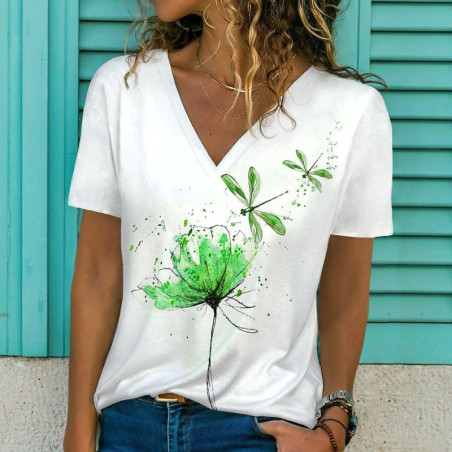 T-shirt libéllule à col V pour femmes avec imprimé fleurs 3D et libellule couleur vert
