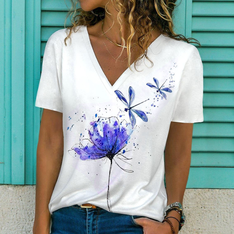 T-shirt libéllule à col V pour femmes avec imprimé fleurs 3D et libellule couleur Violet